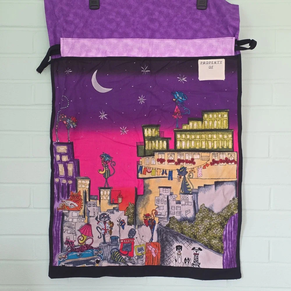 Handmade Cool Cats City Rooftop Novelty Print Laundry Storage Bag whimsical